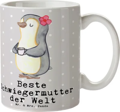 Produktbild von Mr. & Mrs. Panda Becher Pinguin Beste Schwiegermutter der Welt - Grau Pastell - Geschenk, Mama, Kaffeetasse, Mutter, Trinkbecher, Teetasse, Dankeschön, Schwiegereltern