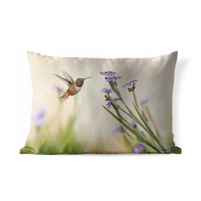 Obrázek produktu pro MuchoWow® Vnější polštář - Pták - Kolibřík - Květiny - Fialová -60x40 cm- Odolnost proti povětrnostním vlivům - polštář do obývacího pokoje