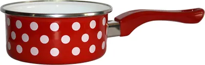 A red saucepan with white polka dots and a red handle, isolated on a white background.