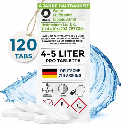 Produktbild von Wicked Chili Travel Wasseraufbereitung Trinkwasser (120 Tabletten je 4-5L) Wasserentkeimung & Trinkwasseraufbereitung - Tabletten für Blackout, Notfallrucksack, Reiseapotheke, Notfall Ausrüstung