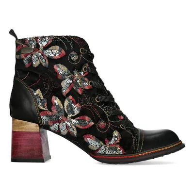 Produktbild von LAURA VITA Schnürstiefelette rot/schwarz/silber/beige Leder Samt-Paillettenmix mit rotgelbem Blockabsatz +innen zusätzlich Reissverschluss Grösse 38