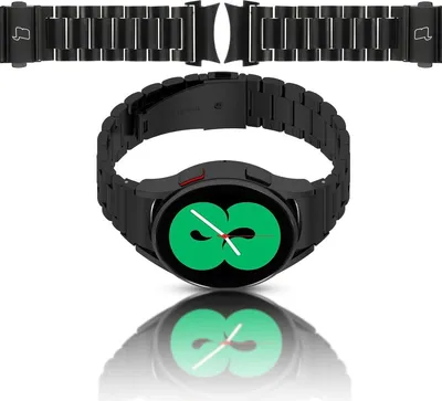 A black metal watch band and a black smartwatch with a green watch face are displayed against a white background.