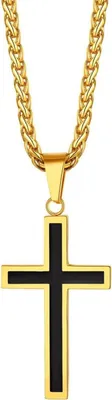 Produktbild von Edelstahl Kreuz Anhänger Halskette Silber Schwarz Gold 50+5cm Weizenkette