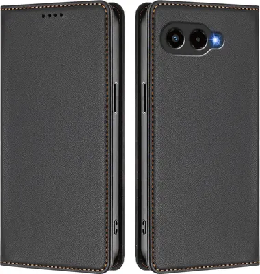 A black flip phone case shown from the front and back.