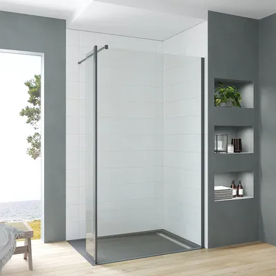 Produktbild von Walk in Duschwand Duschabtrennung mit 30cm Schwingflügeln schwarz,120x200cm,Klarglas,8 mm Einscheiben-Sicherheitsglas (ESG) mit Nano-Beschichtung,mit 100 cm Stabilisator