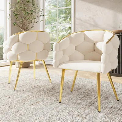 Produktbild von Sweiko Samtstühle (2 Stück), Wohnzimmerstühle, Esszimmerstühle, Make-up-Stühle, Stühle im modernen Modestil, vergoldete Eisenbeine, beige Stühle, Bubble-Stühle, ergonomische Stühle