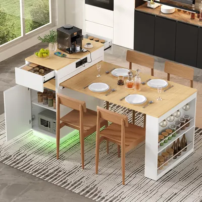 Produktbild von Flieks Ausziehbarer Esstisch mit faltbarer Tischplatte, Rollen, Esszimmertisch mit Steckdosenleisten und Haken, Bartisch für Küche, Esszimmer, Weiß