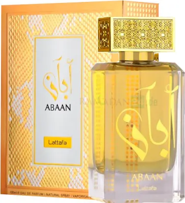 A perfume bottle and its packaging are displayed against a white background.