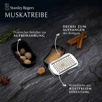 Produktbild von Stanley Rogers Muskatreibe  Premium Edelstahl Muskat Reibe mit Deckel und Aufbewahrungsbox  Ideal für feines Reiben von Muskatnuss & anderen Gewürzen  9,2 x 5,4 x 4,7 cm,