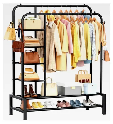 Produktbild von Kleiderstange für das Schlafzimmer – 100 kg Kleiderstange zum Aufhängen von Kleidung, Aufbewahrungsregalen, doppelter Kleiderständer für Wohnzimmer, Wäsche, Geschäft - Schwarz