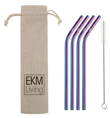 Image de Edelstahl Strohhalme 4er Set Rainbow gebogen, Trinkhalme, bruchfest, wiederverwendbar, spülmaschinengeeignet, plastikfrei, von EKM Living GmbH
