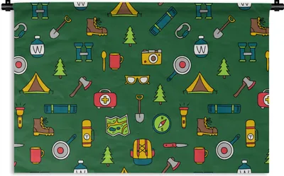 Produktbild von MuchoWow® Wandteppich Wandbehang Camping - Zelt - Axt - Rucksack 60x40 cm Tapisserie Dekoration Wandtuch - Wanddekorationen