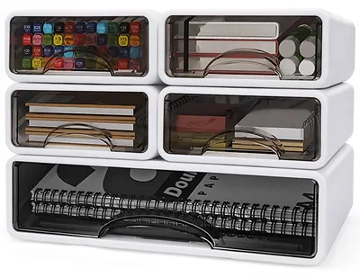 Schreibtisch-Organizer, 5 Schubladenboxen, stapelbar, A4/A5, PP, weiß
