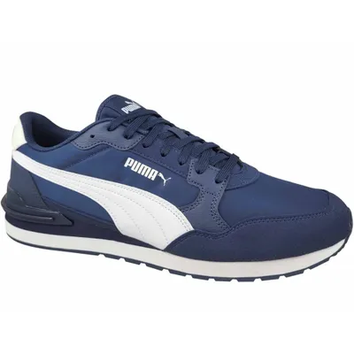 A single blue Puma shoe with white accents is shown against a white background.