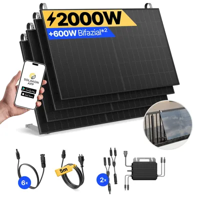 Produktbild von Balkonkraftwerk 2000W Solaranlage mit Balkon Halterung Steckerfertig Komplettset Photovoltaik Anlage 800W, Kabellänge: 5m, Solakon - onPower