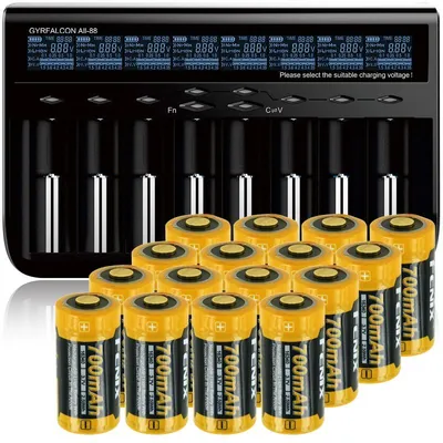 Produktbild von 8fach Schnell-Ladegerät und 16 Stück CR123 A Li-Ion Akku mit 3,6V, 3,7 Volt, 850mAh