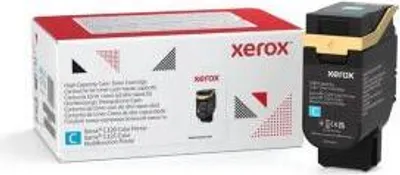 A Xerox cyan toner cartridge and its packaging are shown against a white background.