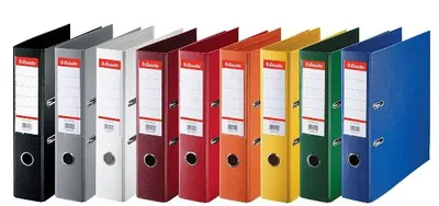 Zdjęcie produktu dla Teczki plastikowe Esselte standard, DIN A4, 75 mm, różne okładki wewnątrz i na zewnątrz laminowane folią PP, z mechanizmem dźwigniowym - 10 sztuk (624177)