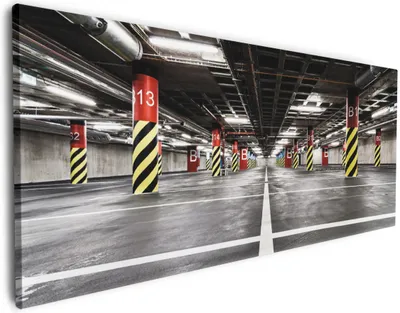 Produktbild von Wallario Premium Leinwandbild Perspektive von unten leeres Parkhaus im Untergrund in Größe 60 x 150 cm