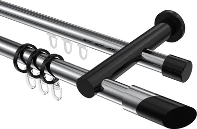Produktbild von Interdeco Rundrohr-Innenlaufstange / Gardinenstange (Kombination) Chrom / Schwarz, Typ Platon Verano (Schräge Bicolor), 20 mm Ø 2-läufig, 200 cm