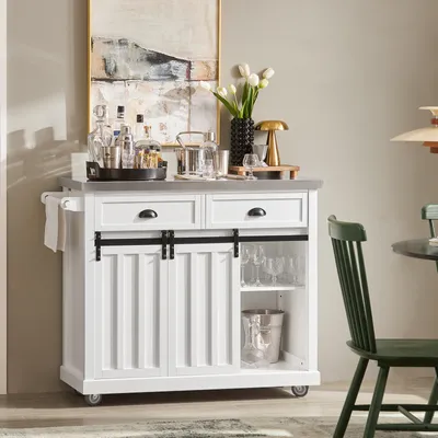 Produktbild von SoBuy FKW94-W Design Küchenwagen mit Flaschenablage Küchenschrank mit 2 Schiebetüren und 2 Schubladen Servierwagen mit Edelstahlplatte Sideboard Weiß