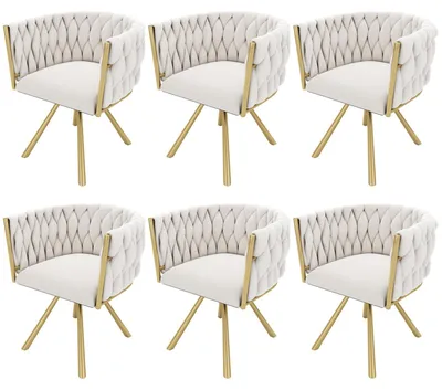 Produktbild von Meubles Cosy Set aus 6 beigen Esszimmerstühlen aus Samt mit Drehfunktion und goldfarbenen Metallbeinen