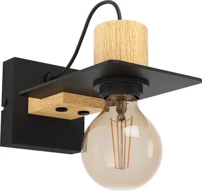 Produktbild von EGLO Wandleuchte innen Bramerton, originelle Wandlampe, Wandbeleuchtung aus Metall in Schwarz und Holz in Natur, FSCM70HB, Wand Lampe, E27 Fassung