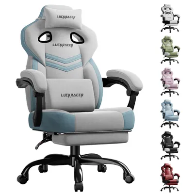 A gaming chair is shown with multiple color options displayed to the right.