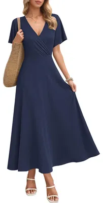 Imagen del producto de Vestido largo para mujer, con cuello en V, mangas cortas holgadas y con bolsillos