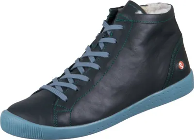 A single black high-top sneaker with a blue sole and light blue laces.