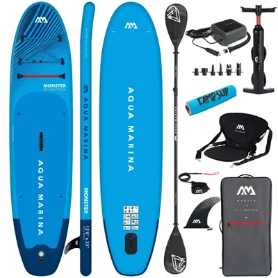 Produktbild von Aqua Marina Monster SUP Board 12'0" (366 cm) aufblasbar – Komplettset mit Kajaksitz, E-Pumpe, 2in1 Paddel & Boje – Blau 2025
