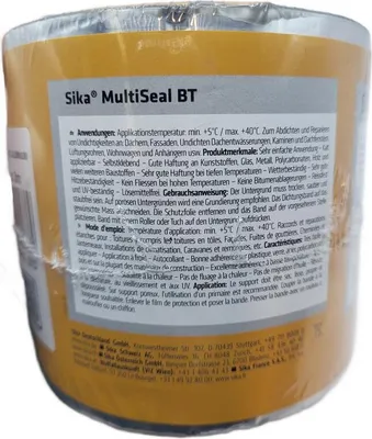 A roll of Sika MultiSeal BT tape, wrapped in clear plastic, with a label showing product information.