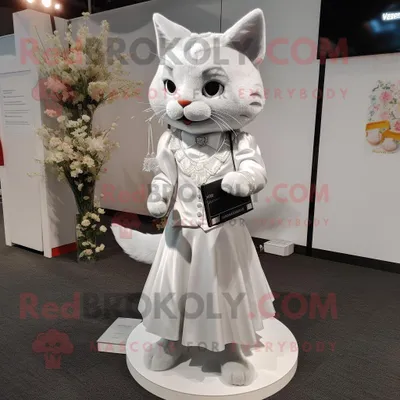 Produktbild von Maskottchen REDBROKOLY Kostümfigur Silberne Katze bekleidet mit einem Hochzeitskleid und Geldbörsen