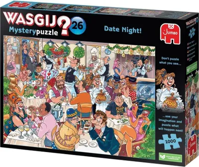 A puzzle box featuring a cartoon illustration of a busy restaurant scene during a date night.