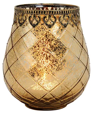 Productafbeelding van Windlicht Marokkaans decor van glas, goudkleurig metaal (B/H/D) 15x18x15cm