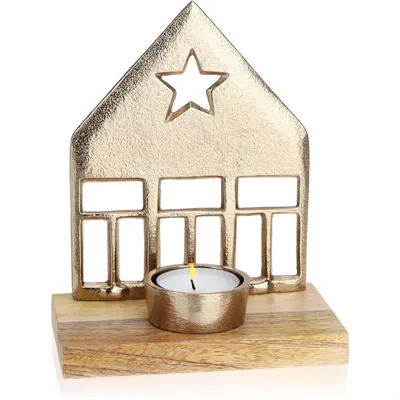 Produktbild von com-four® Teelichthalter aus Aluminium und Mangoholz - weihnachtliches Windlicht