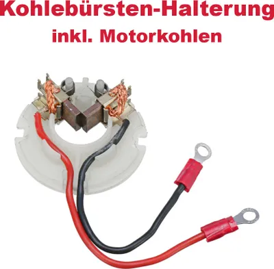 A product image of carbon brush holders and carbon brushes with wires and connectors.
