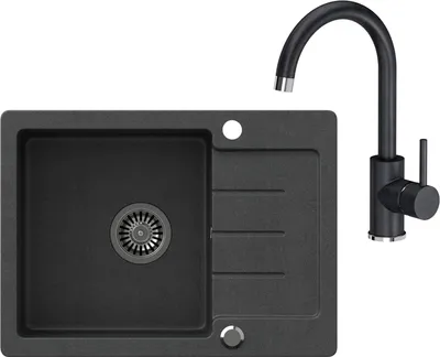 A black granite kitchen sink with a black faucet against a white background.