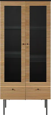 Produktbild von SalesFever Glasvitrine 2-türig | Vitrine mit 4 Einlegeböden und 2 Schubladen | MDF Eiche Echtholzfurnier | Gestell Metall | B 79 x T 43 x H 179 cm | natur – schwarz