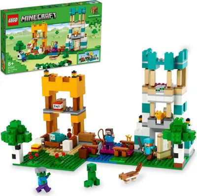 Image de LEGO 21249 Minecraft Creative Workshop 4.0, construisez deux tours ou une maison de chat, ensemble 2-en-1 avec les figurines Alex, Steve, Creeper et Zombie, jouets d'action pour les enfants à partir de 8 ans