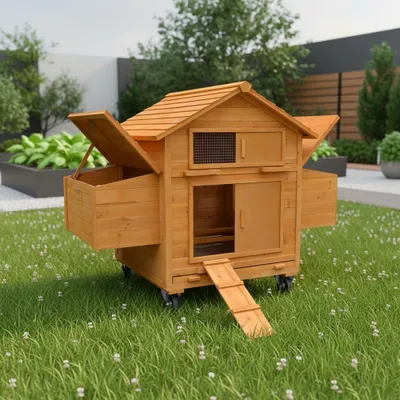 A wooden chicken coop with nesting boxes and a ramp is situated on a grassy lawn with scattered white flowers. In the background, there are raised garden beds with green plants, a fence, and trees.