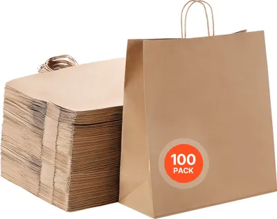 Produktbild von VEVOR Kraftpapiertüten, 100er-Pack, Geschenktüten mit Henkel, 457x178x483 mm, große Einkaufstüten, Papiertragetaschen, Krafttaschen