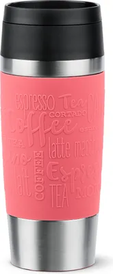 A coral-colored travel mug with embossed text related to coffee and tea, set against a white background.