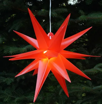 Produktbild von 3D Außenstern Kaspar, Weihnachtsstern, Faltstern mit 18 Spitzen Incl. 7 m Kabel & LED Leuchtmittel - Ø 35 cm Trafo Rot, Kunststoff, Weihnachtsstern, Adventsstern