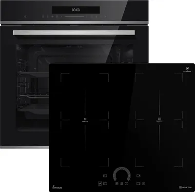 A black oven and a black induction hob are shown together against a white background.