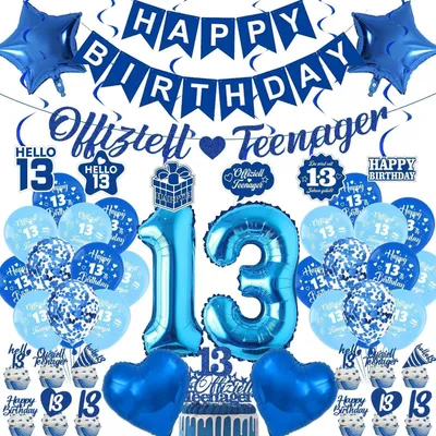 Produktbild von 13. Geburtstag Deko Set Blau 47 Teile Banner Girlande Zahl Ballons Tortendeko