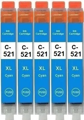 Five cyan ink cartridges are lined up against a white background.