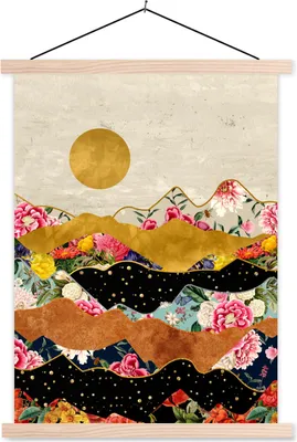 Produktbild von MuchoWow® Textilposter Blumen - Gold - Marmor 40x53 cm mit holzfarbenen Rahmen - Schlafzimmer