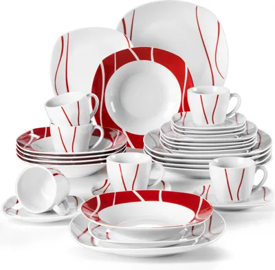 Obrázek produktu pro 30dílný jídelní servis, kombinovaný servis z porcelánu, sada nádobí s kávovým servisem, dezertním talířem, polévkovým talířem a jídelním talířem pro 6 osob
