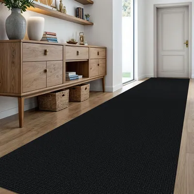 Obrázek produktu pro Pratelné běhouny 91x549 cm, černé barvy, s protiskluzovou úpravou, vhodné do chodby, kuchyně nebo předsíně